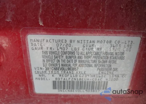 2020 Nissan Versa Sv Xtronic Cvt z USA, uszkodzony, nr VIN 3N1CN8EV0LL903857